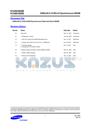 DS_K7A803600B datasheet - 256Kx36 & 512Kx18 Synchronous SRAM