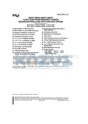 M87C196KC datasheet - 16-BIT HIGH-PERFORMANCE CHMOS MICROCONTROLLERS WITH ON-CHIP EPROM