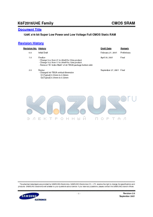 DS_K6F2016U4E datasheet - 128K x16 bit Super Low Power and Low Voltage Full CMOS Static RAM