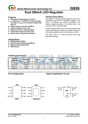 G926BP1U datasheet - Dual 500mA LDO Regulator