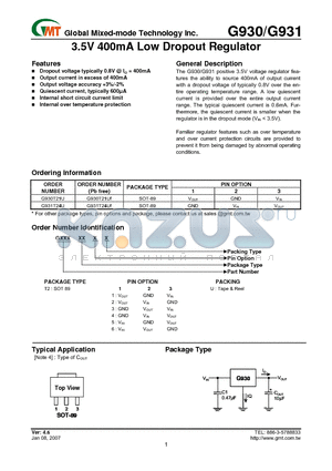 G930 datasheet - 3.5V 400mA Low Dropout Regulator