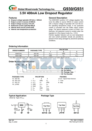 G930T73B datasheet - 3.5V 400mA Low Dropout Regulator