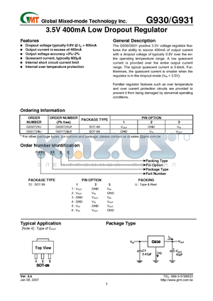 G931T24UF datasheet - 3.5V 400mA Low Dropout Regulator