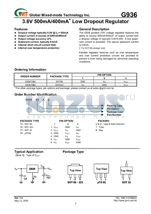 G936T21B datasheet - 3.6V 500mA/400mA Low Dropout Regulator