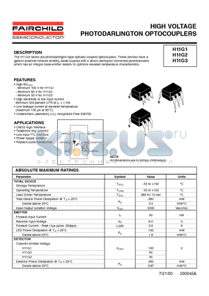 H11G13S datasheet - HIGH VOLTAGE PHOTODARLINGTON OPTOCOUPLERS