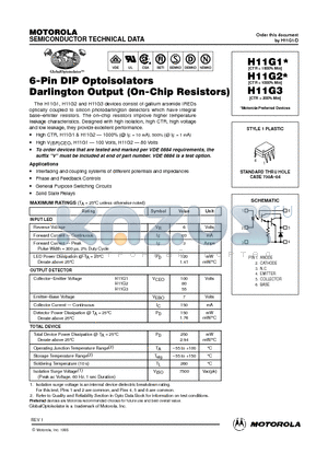 H11G2 datasheet - 6-Pin DIP Optoisolators Darlington Output(On-Chip Resistors)