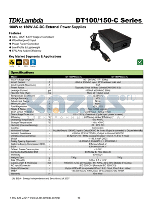 DT100PW190C datasheet - 100W to 150W AC-DC External Power Supplies