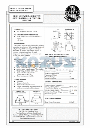 H11G2 datasheet - HIGH VOLTAGE DARLINGTON OUTPUT OPTICALLY COUPLED ISOLATOR