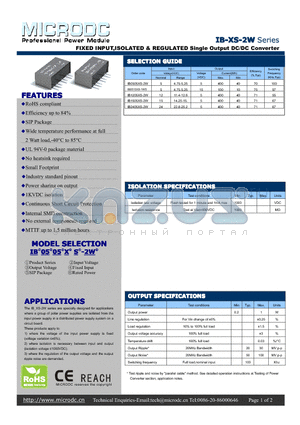 IB-XS-2W datasheet - FIXED INPUT,ISOLATED & REGULATED Single Output DC/DC Converter