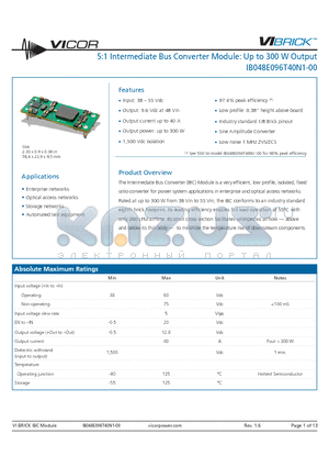 IB048E096T40N1-00 datasheet - 5:1 Intermediate Bus Converter Module: Up to 300 W Output