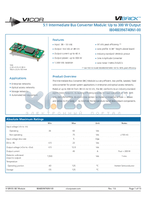 IB048E096T40N2-OO datasheet - 5:1 Intermediate Bus Converter Module: Up to 300 W Output