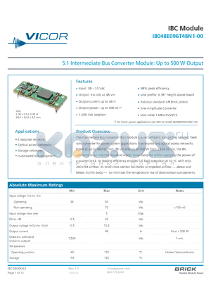 IB048E096T48P3-OO datasheet - 5:1 Intermediate Bus Converter Module: Up to 500 W Output