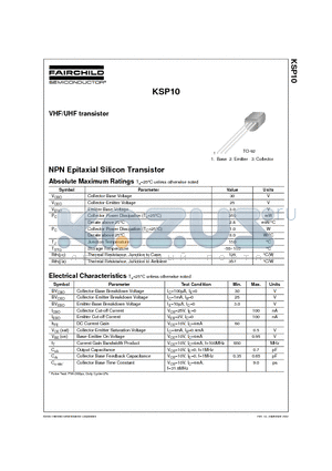 KSP10 datasheet - VHF/UHF transistor