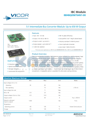 IB048Q096T64N3-OO datasheet - 5:1 Intermediate Bus Converter Module: Up to 650 W Output