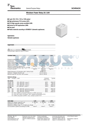 LN133005 datasheet - Miniature Power Relay LN / LNH