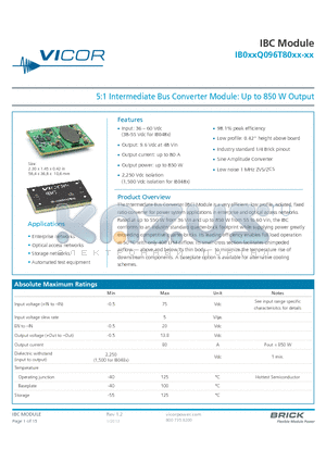 IB048Q096T80N3-OO datasheet - 5:1 Intermediate Bus Converter Module: Up to 850 W Output