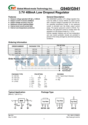 G941T64U datasheet - 3.7V 400mA Low Dropout Regulator