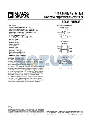 AD8632ARM datasheet - 1.8 V, 5 MHz Rail-to-Rail Low Power Operational Amplifiers