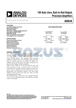 AD8638 datasheet - 16V Auto-Zero, Rail-to-Rail Output, Precision Amplifiers