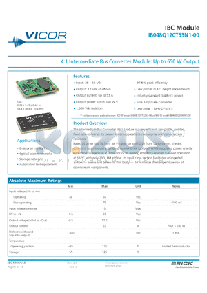 IB048Q120T53P1-00 datasheet - 4:1 Intermediate Bus Converter Module: Up to 650 W Output