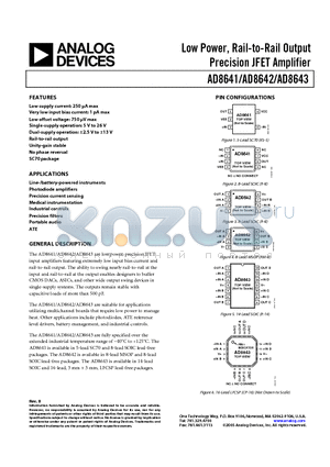 AD8641ARZ datasheet - Low Power, Rail-to-Rail Output Precision JFET Amplifier