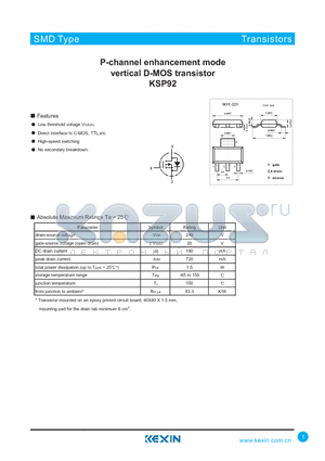 KSP92 datasheet - P-channel enhancement mode vertical D-MOS transistor