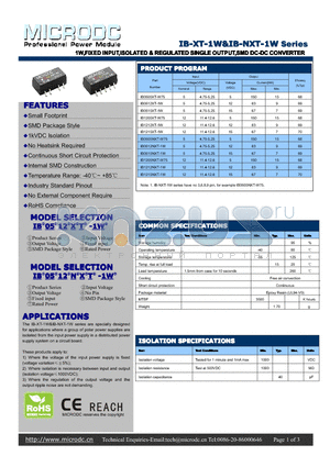 IB0505XT-W75 datasheet - 1W,FIXED INPUT,ISOLATED & REGULATEDSINGLE OUTPUT,SMD DC-DCCONVERTER