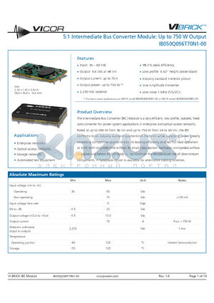 IB050Q096T70N1-00 datasheet - 5:1 Intermediate Bus Converter Module: Up to 750 W Output