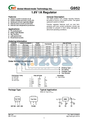 G952T43U datasheet - 1.8V 1A Regulator