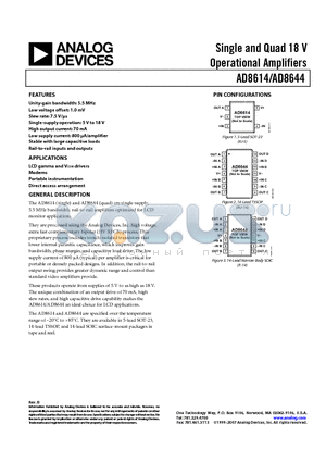 AD8644ARUZ datasheet - Single and Quad 18 V Operational Amplifiers