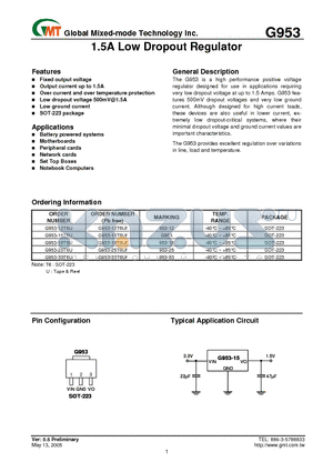 G953-15T6U datasheet - 1.5A Low Dropout Regulator