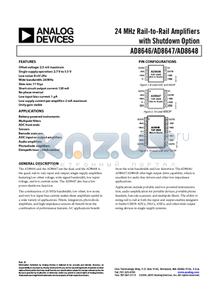 AD8646ARZ-REEL datasheet - 24 MHz Rail-to-Rail Amplifiers with Shutdown Option