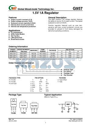 G957 datasheet - 1.5V 1A Regulator