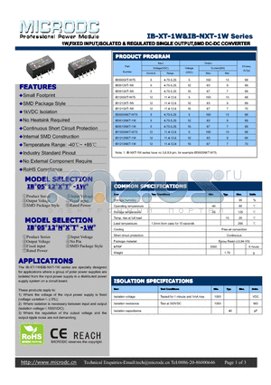 IB0512XT-1W datasheet - 1W,FIXED INPUT,ISOLATED & REGULATEDSINGLE OUTPUT,SMD DC-DCCONVERTER