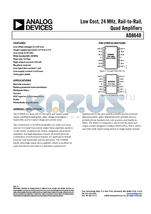 AD8648ARZ datasheet - Low Cost, 24 MHz, Rail-to-Rail, Quad Amplifiers