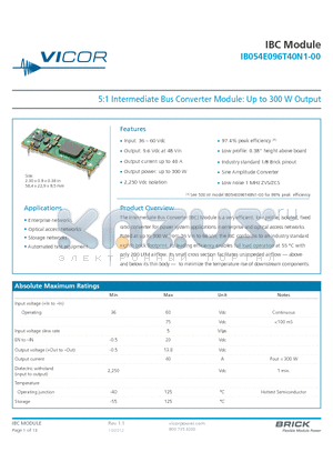 IB054E096T40P1-00 datasheet - 5:1 Intermediate Bus Converter Module: Up to 300 W Output