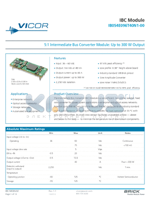 IB054E096T40P2-00 datasheet - 5:1 Intermediate Bus Converter Module: Up to 300 W Output