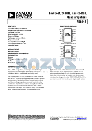 AD8648ARZ-REEL datasheet - Low Cost, 24 MHz, Rail-to-Rail, Quad Amplifiers