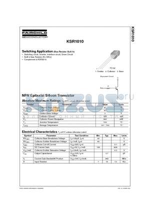 KSR1010 datasheet - Switching Application (Bias Resistor Built In)