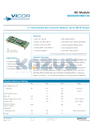 IB054E096T48N3-00 datasheet - 5:1 Intermediate Bus Converter Module: Up to 500 W Output