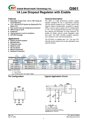 G961-25ADJTEUF datasheet - 1A Low Dropout Regulator with Enable