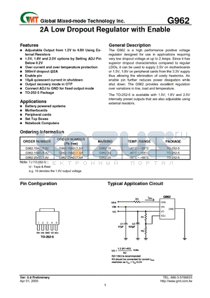 G962-18ADJTJU datasheet - 2A Low Dropout Regulator with Enable