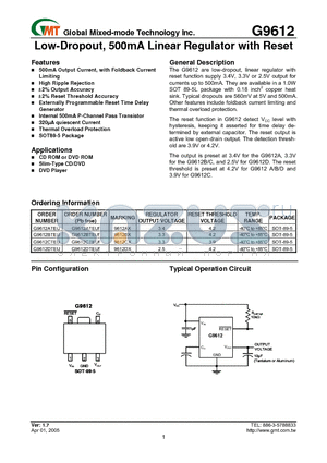 G9612 datasheet - Low-Dropout, 500mA Linear Regulator with Reset