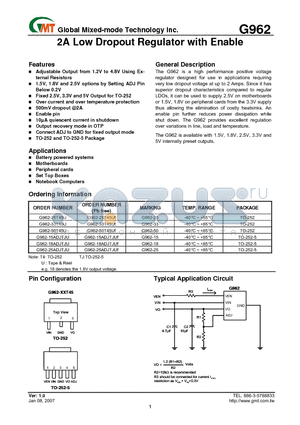 G962-25ADJTJUF datasheet - 2A Low Dropout Regulator with Enable