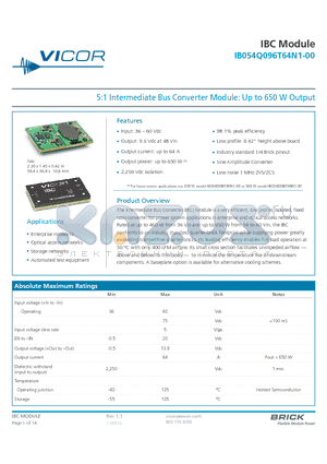 IB054Q096T64P3-00 datasheet - 5:1 Intermediate Bus Converter Module: Up to 650 W Output