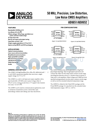 AD8652ARZ-REEL datasheet - 50 MHz, Precision, Low Distortion, Low Noise CMOS Amplifiers