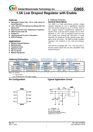 G965 datasheet - 1.5A Low Dropout Regulator with Enable