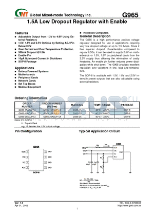 G965-15ADJP1U datasheet - 1.5A Low Dropout Regulator with Enable