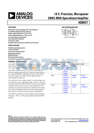 AD8657 datasheet - 18 V, Precision, Micropower CMOS RRIO Operational Amplifier