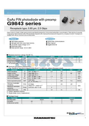 G9843 datasheet - GaAs PIN photodiode with preamp